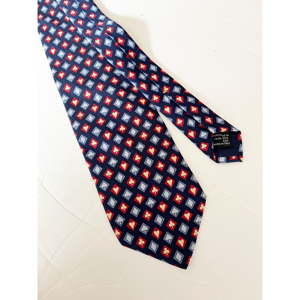 Gucci blue/red/gold card print silk tie